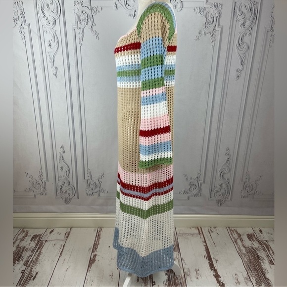 Casual Bohemian Crochet Long Sleeves Color Block Swimsuit Coverup Midi Dress - Picture 6 of 7